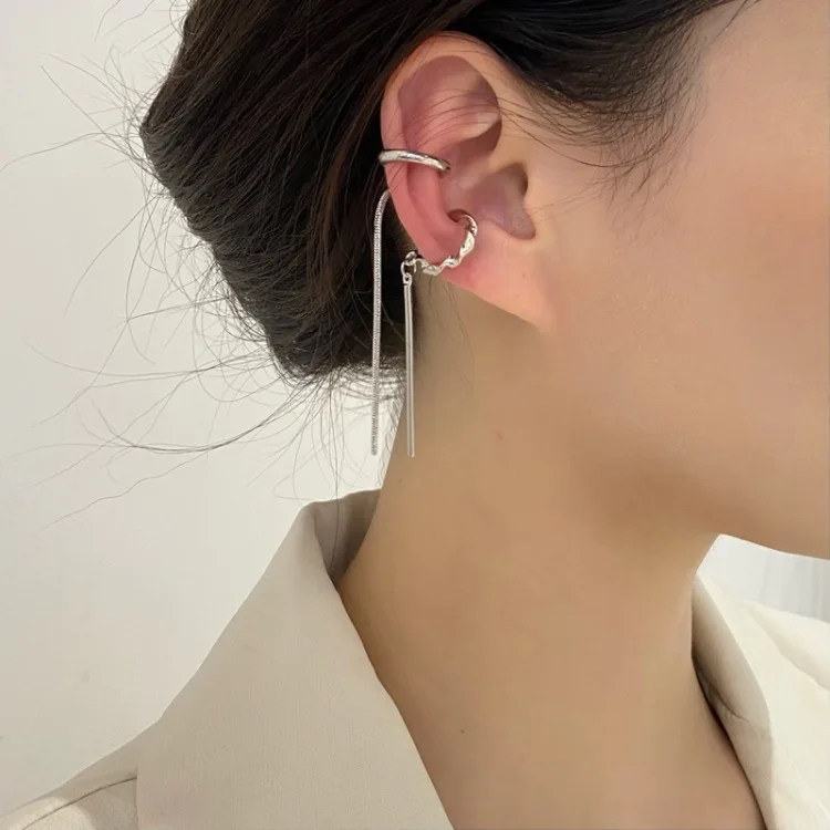 Multi-Layer Clip Earrings For Women Geometric Zircon Pearl Ear Bone No Pierced Long Chain Tassel