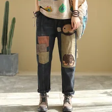 Осень Зима Джинсы женские свободные флисовые теплые джинсовые брюки новые женские Ретро повседневные эластичные талии лоскутные брюки универсальные