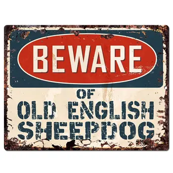 

Beware of OLD ENGLISH SHEEPDOG Chic Sign Vintage Retro Rustic 8"x 12" Metal Plate Store Home Decor Gift
