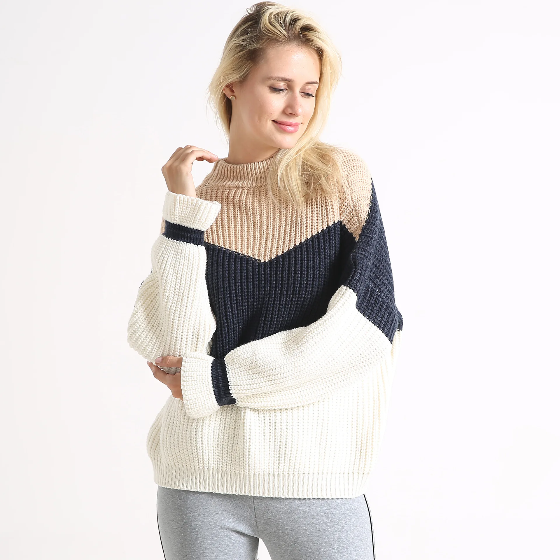 

Women Sweater Colorblock Autumn Winter Thick Contrast Color Knit Pullovers Ladies Jumpers Women Pull Femme