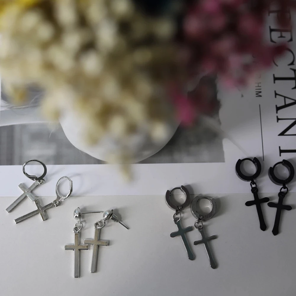 Men Women Metal Hip Hoop Cross Drop Dangle Earrings