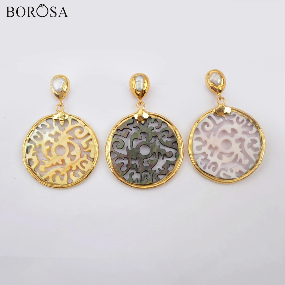 BOROSA 5 пар Золотой Гальванизированный резные натуральные серьги с жемчугом из раковин Радужное покрытие перламутровые серьги-капельки ювелирные изделия G1907-E