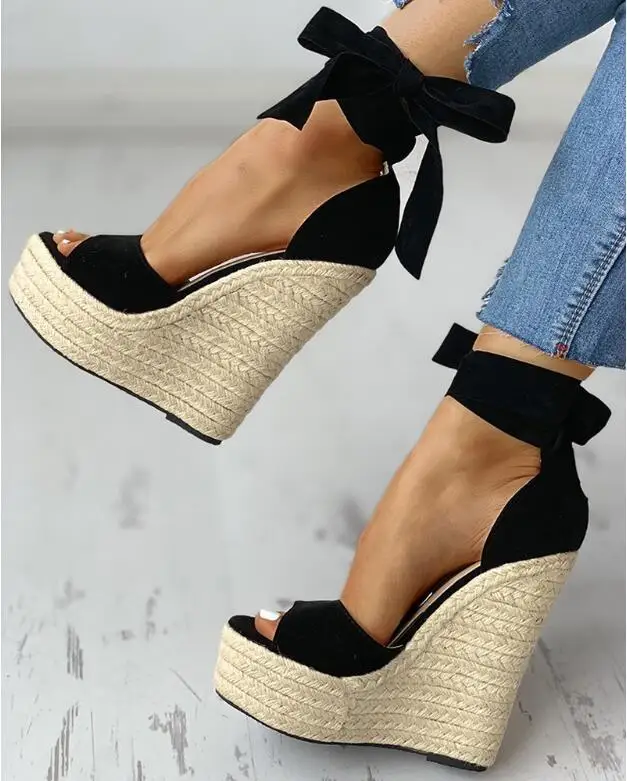 Sandalias de Nudo de mariposa con punta abierta para mujer, zapatos de tacón alto con plataforma a la moda, con cuña y lazo en el tobillo, color negro liso, tallas 35 a 42