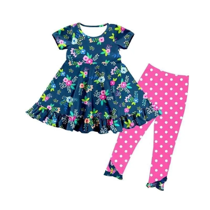 summer girls boutique sets floral print tunic with pink polka dot leggings
