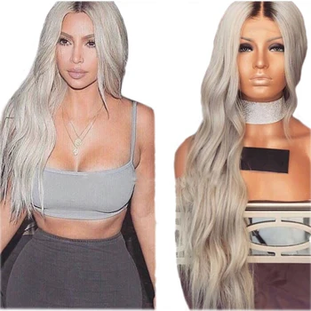 

Synthetic Lace Front Wig Long Wave Wigs For Black Women Middle Part Ombre Grey Heat Resistant Fiber Hair High Quality 26inch