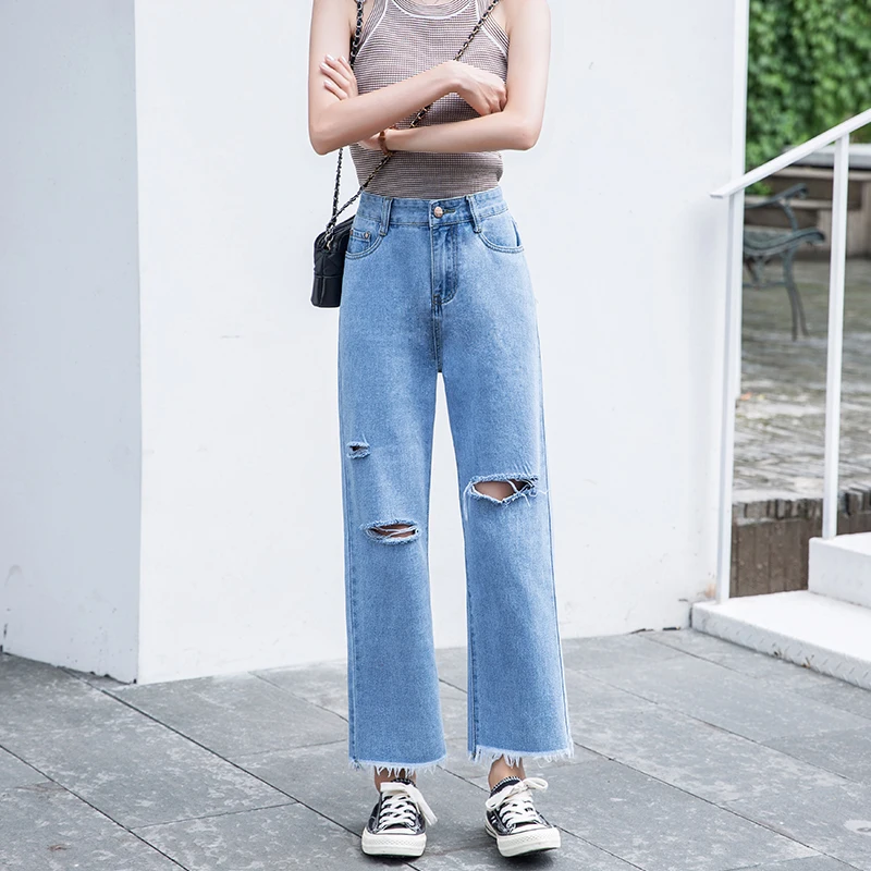 

woman Pants High Waist Women's Fashion Wide Leg Pants Jeans Washed broken hole Ankle-Length Stretch Jeans With Belt Streetwear