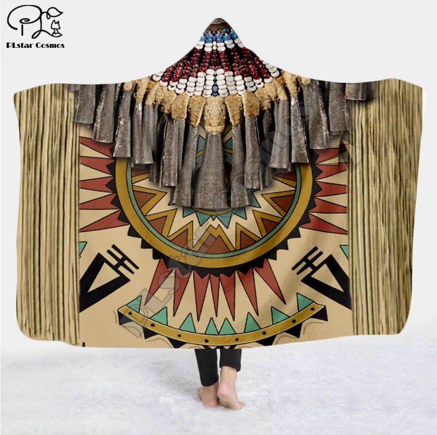 

Black Native Indian Lakota Skull buffalo soldier Hooded Blanket 3D full print Wearable Blanket Adults Kids style-15