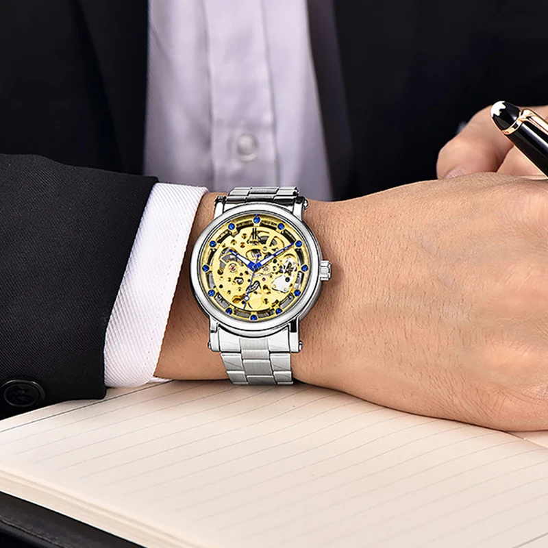 IK цветные часы мужские Скелет автоматические механические из нержавеющей стали