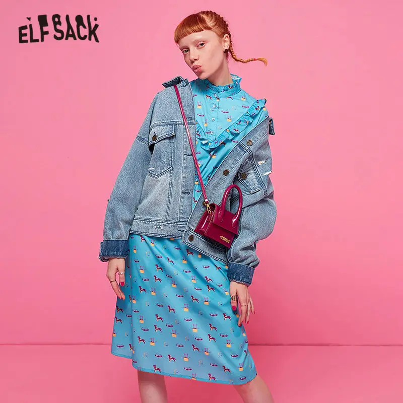 ELFSACK шифоновое платье с мультяшным принтом и оборками для женщин 2019 осеннее