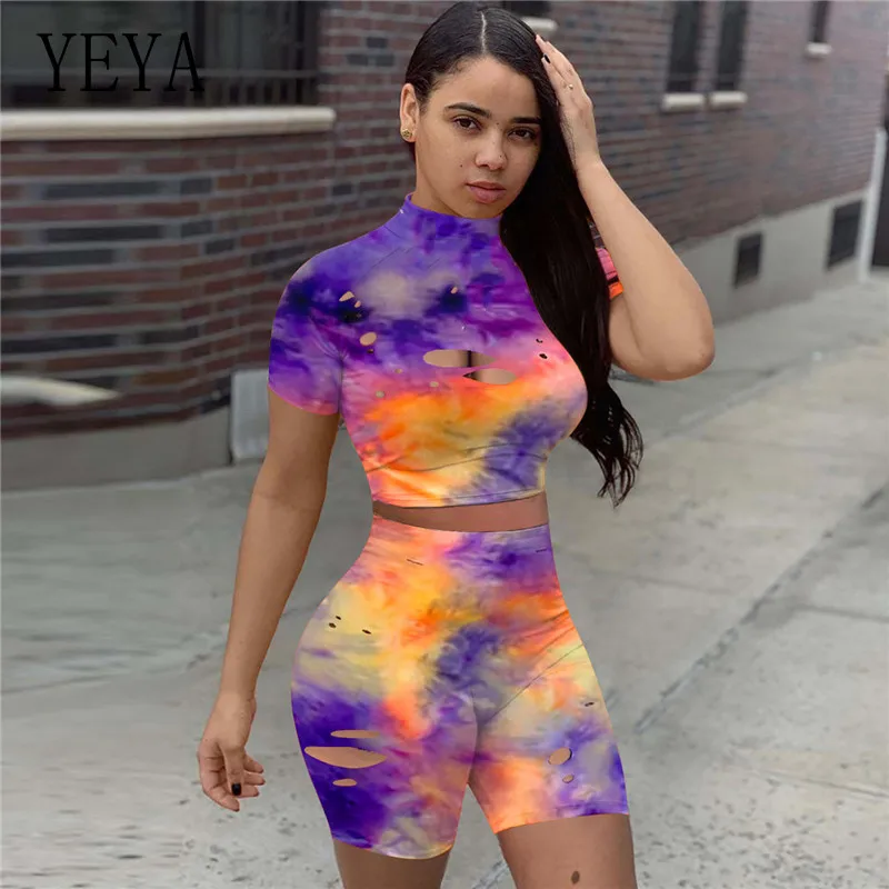 

YEYA Sexy Tie Dye Hole Print Sport Two Piece Set Club Outfits Mini Tee Tops Knee Length Jogger Pants Suit Tracksuit Matching Set