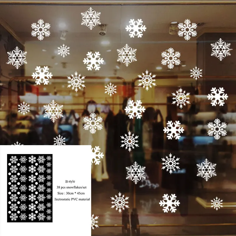 B-38pcs snowflake Санта-Клаус, снеговик, Рождественская елка, Веселый Рождественский стикер на стену для DIY, украшение детской комнаты, оконная витрина, стеклянная наклейка для декора - Цвет: B-38pcs snowflake
