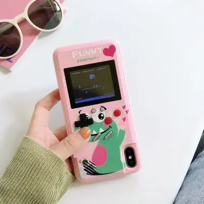 Full Color Display GameBoy Phone Case for iPhone 11 Pro MAX Case Retro Tetris Game Back Cover for Iphone XS MAX 6 7 8 Plus X XR - Цвет: Pink dinosaur