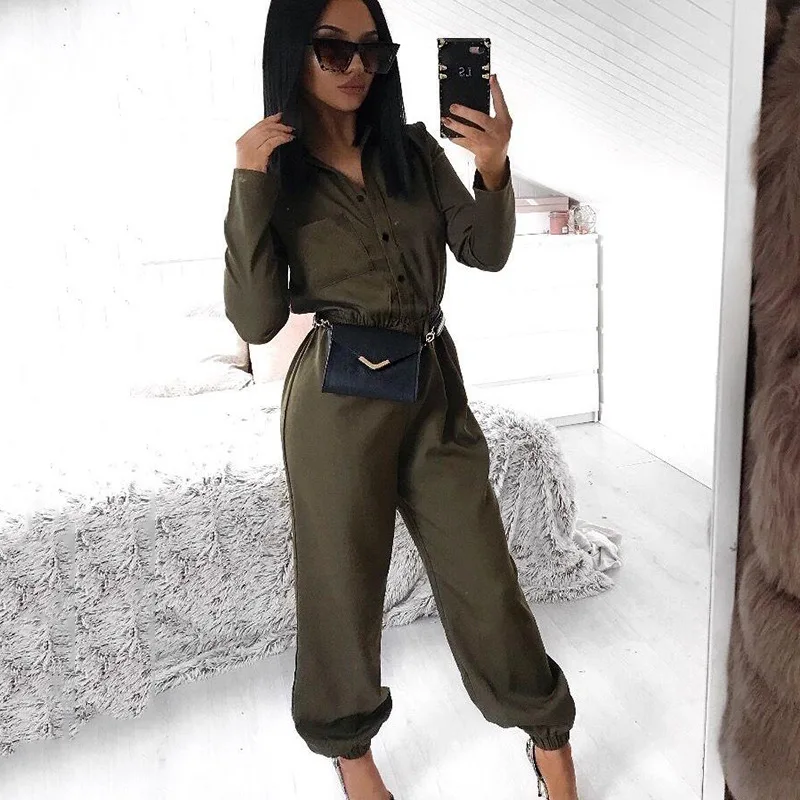 Beyprern Cargo Yellow Pockets Single Breasted Turndown Collar Long Jumpsuit Women Fashion Long Sleeve Cargo Romper Belt Overalls