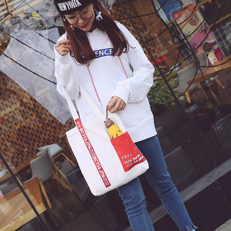 

Micro for Canvas Bag Shoulder Ribbon English Lettered South Korea Simple Versatile Literature And Art Canvas Bag Women's MORI Se