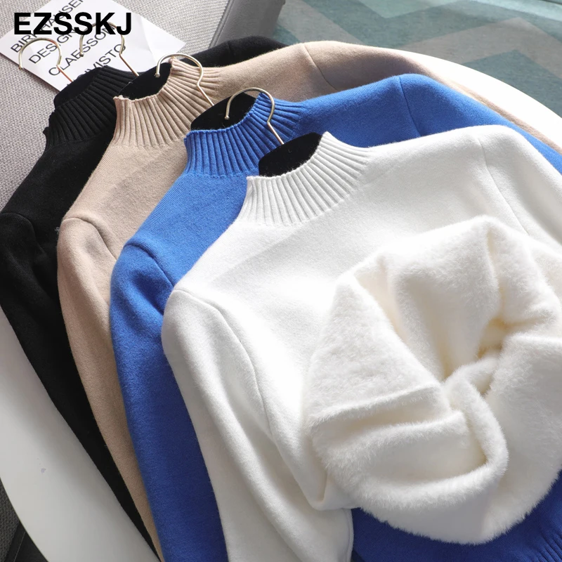 2021 Autumn winter cashmere basic warm Sweater velvet Pullovers Women female fur thick Turtleneck sweater knit Jumpers top | Женская