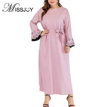 

MISSJOY 2020 Spring Muslim Casual Women Dresses Simple High Waist Long Sleeve Elegant Abayas Middle East O-Neck Solid Color Pink