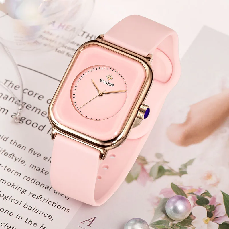 WWOOR Watch For Women Fashion Pink Square Waterproof Quarzt Wristwatch Top Brand Luxury Stainless Steel Ladies Dress Watch Gift