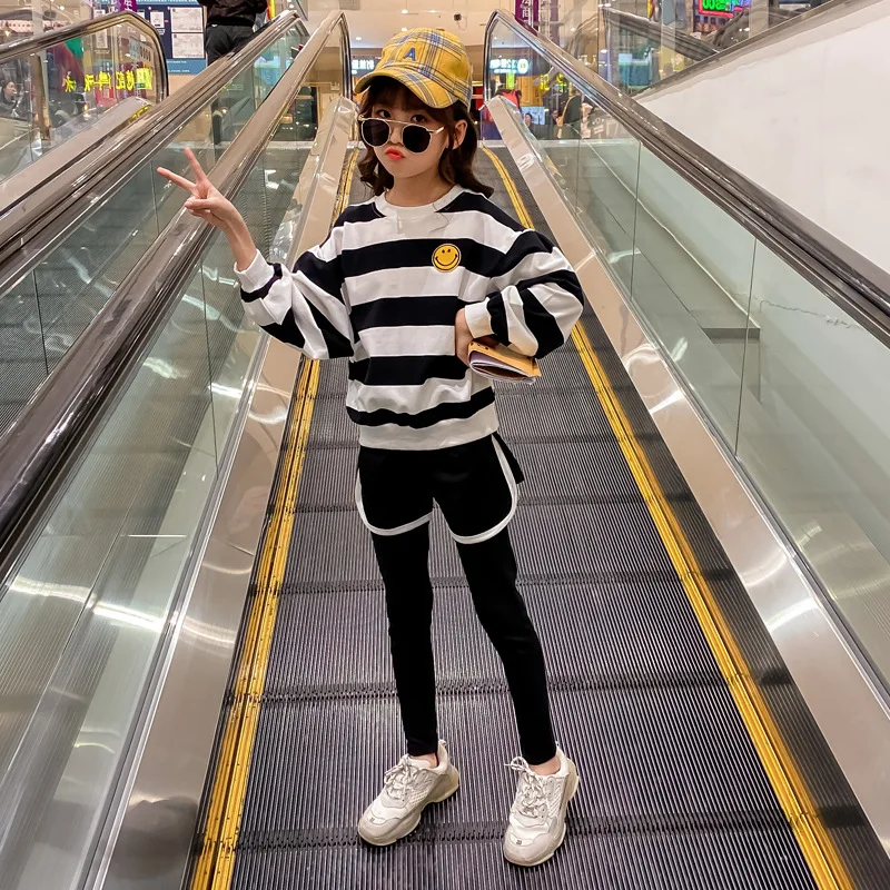 

Girl'S Suit Spring Clothing New Style Stripes Smiley Two-Piece Set Big Boy Casual Long Sleeve CHILDREN'S Suit Little Girl Childr