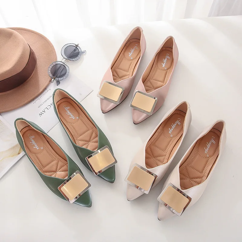 

Casual Woman Platform Shoes Dress Flats Women Shallow Mouth Buckle Pointed Toe New Solid Basic Lace-Up PU Rubber Leisure Metal