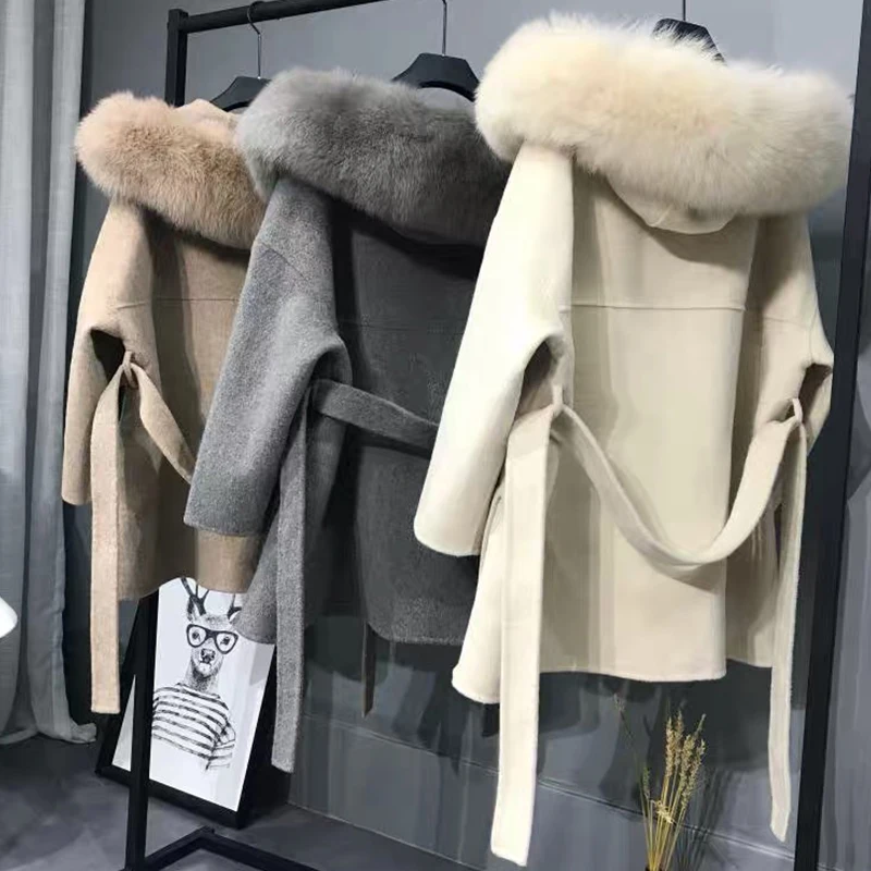 

Cashmere Jacket Women Ladies Hand Made Women Fox Fur Collar Wool Coat Casual Winter Wool Jacket Woolen Overcoat Cashmere Coat