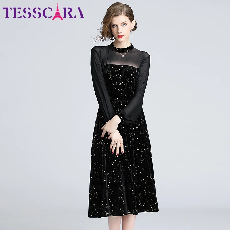 TESSCARA, женское осеннее элегантное бархатное платье, женские сетчатые дизайнерские Коктейльные Вечерние платья, высокое качество, платья в стиле знаменитостей
