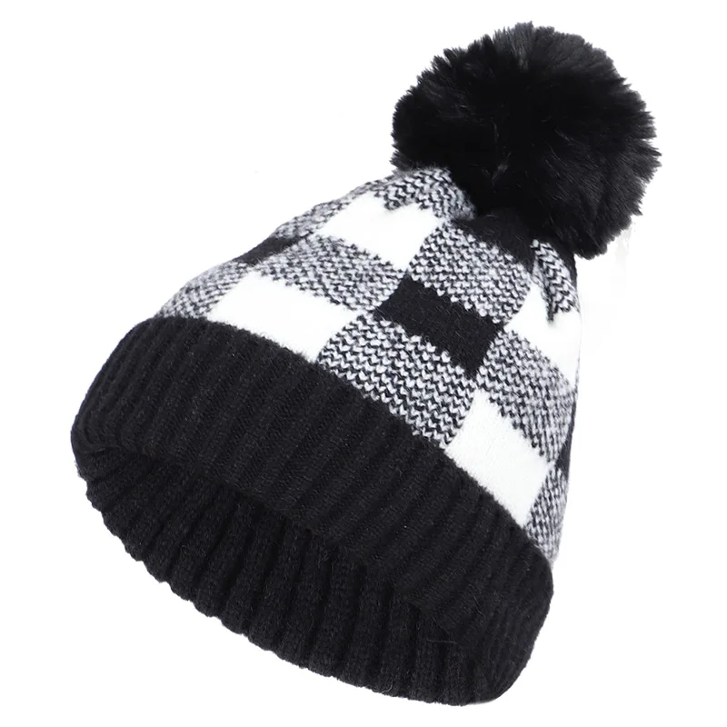Thicken Winter ladies plush ball hat wool knit thick warm lining beanie hat ladies fashion mistakes ski cap - Цвет: Black