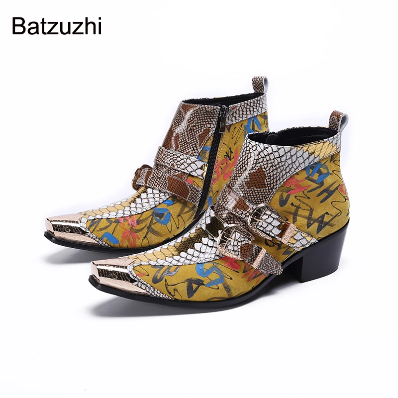 Batzuzhi 6.5cm Heels High Men Boots Metal Toe Yellow Split Men Leather Ankle Boots Men Zip Rock Motorcycle/Party/Wedding Boots