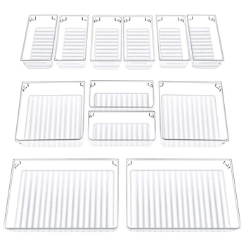 

Set Of 12 Desk Drawer Organizer Trays with 3-Size Clear Plastic Storage Boxes Divider Make-Up Organiser for Office