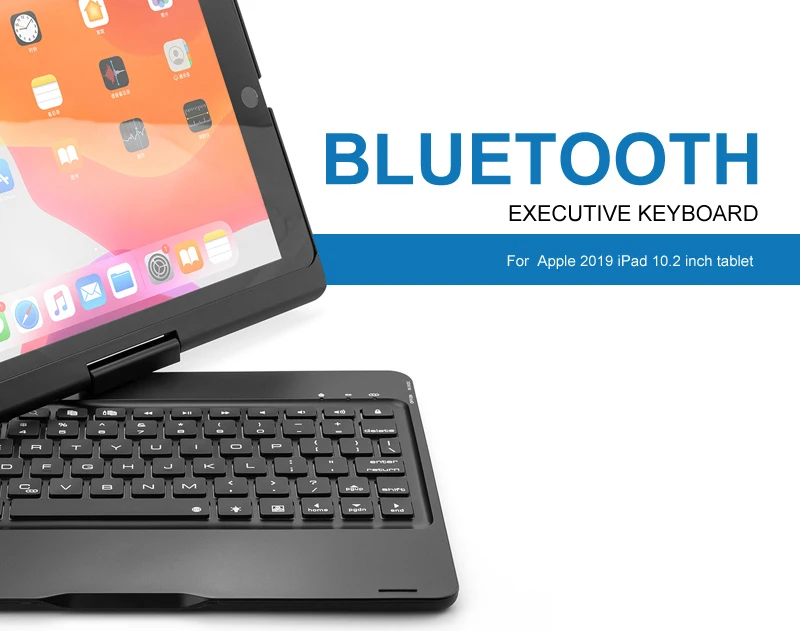 Беспроводной Bluetooth клавиатура чехол для iPad 10,2 дюйма, 360 вращение и 7-Цвет с подсветкой и на застежке, чехол, жесткий Беспроводной клавиатура