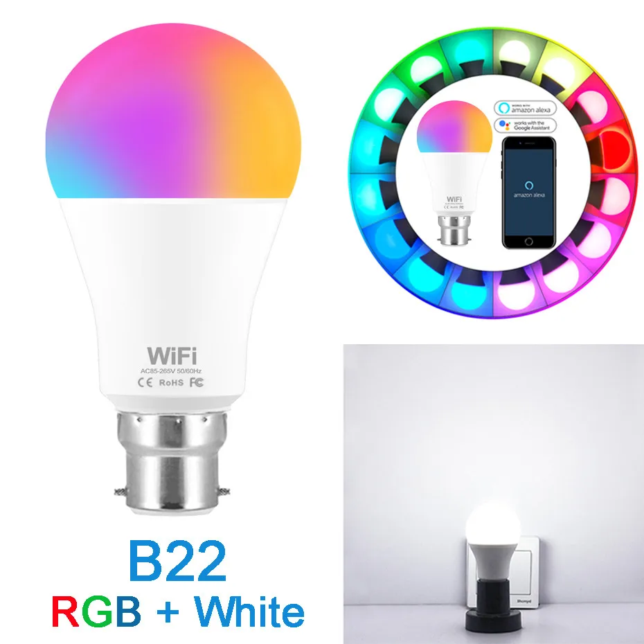 E27/B22 WiFi контроль светодиодный RGB меняющие цвета лампы AC85-265V 15 Вт затемняемый многоцветный светодиодный светильник с Alexa Google Home Assistant - Испускаемый цвет: B22 RGB Cold White