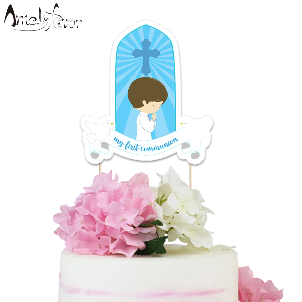 

Boy Communion Theme Party Paper Cake Topper Boys First Communion Event Party Decoration Supplies Custom-Made Invitations Decor