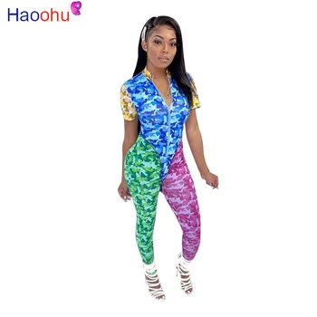 

HAOOHU Women Sets Summer Tracksuits Camouflage Print Palysuits+Pants Suit Two Piece Set Night Club Party Overall Outfits