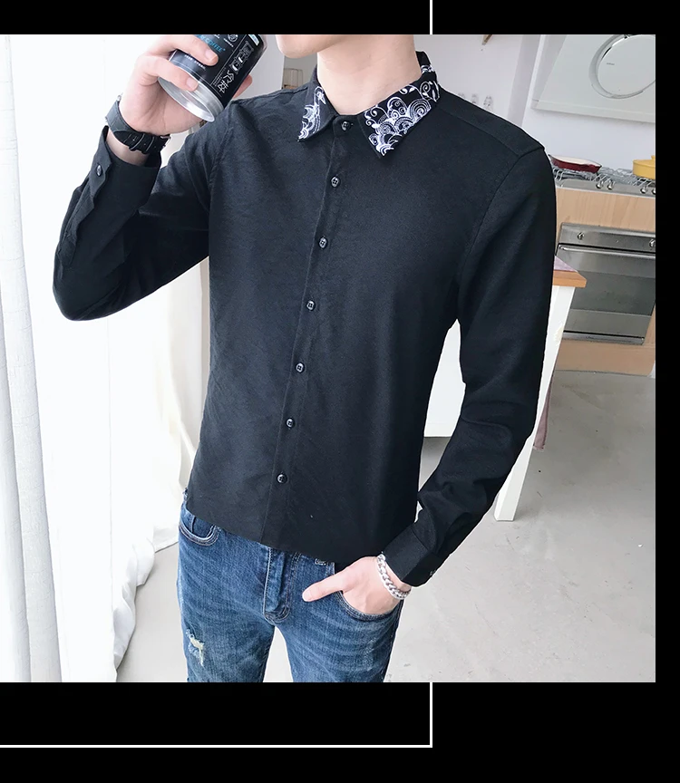 2019 Весенняя Мужская рубашка с принтом модная парикмахер Slim Fit с длинным рукавом рубашка-смокинг мужской ночной клуб белый повседневные