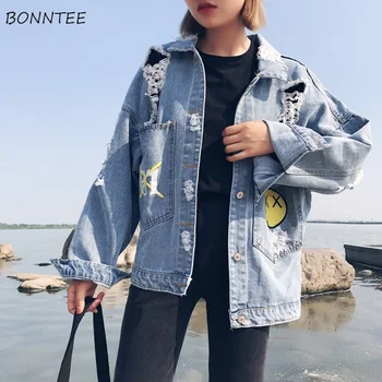 

Jackets Women Spring Autumn Stylish BF Loose Embroidery Hole Womens Retro Pockets Elegant Female Soft Trendy Clothing Chic Denim