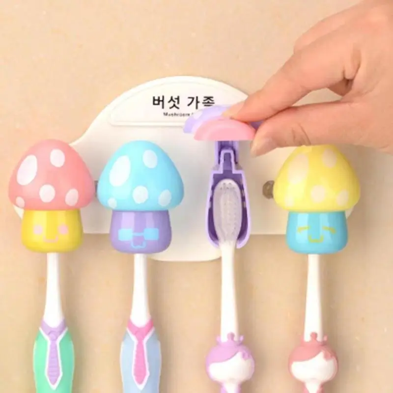 Creative Powerful Suction Cup Toothbrush Holder Cartoon Mushroom Children Toothbrush Holder Color Bathroom Wall Bracket