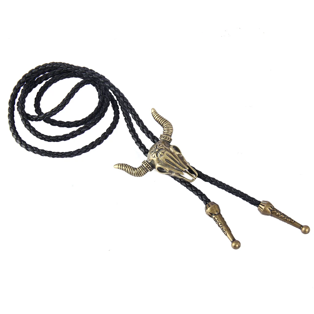 Western Texas Longhorn Buffalo Steer Cow Skull Leather Rodeo Bolo Tie Necktie for Men