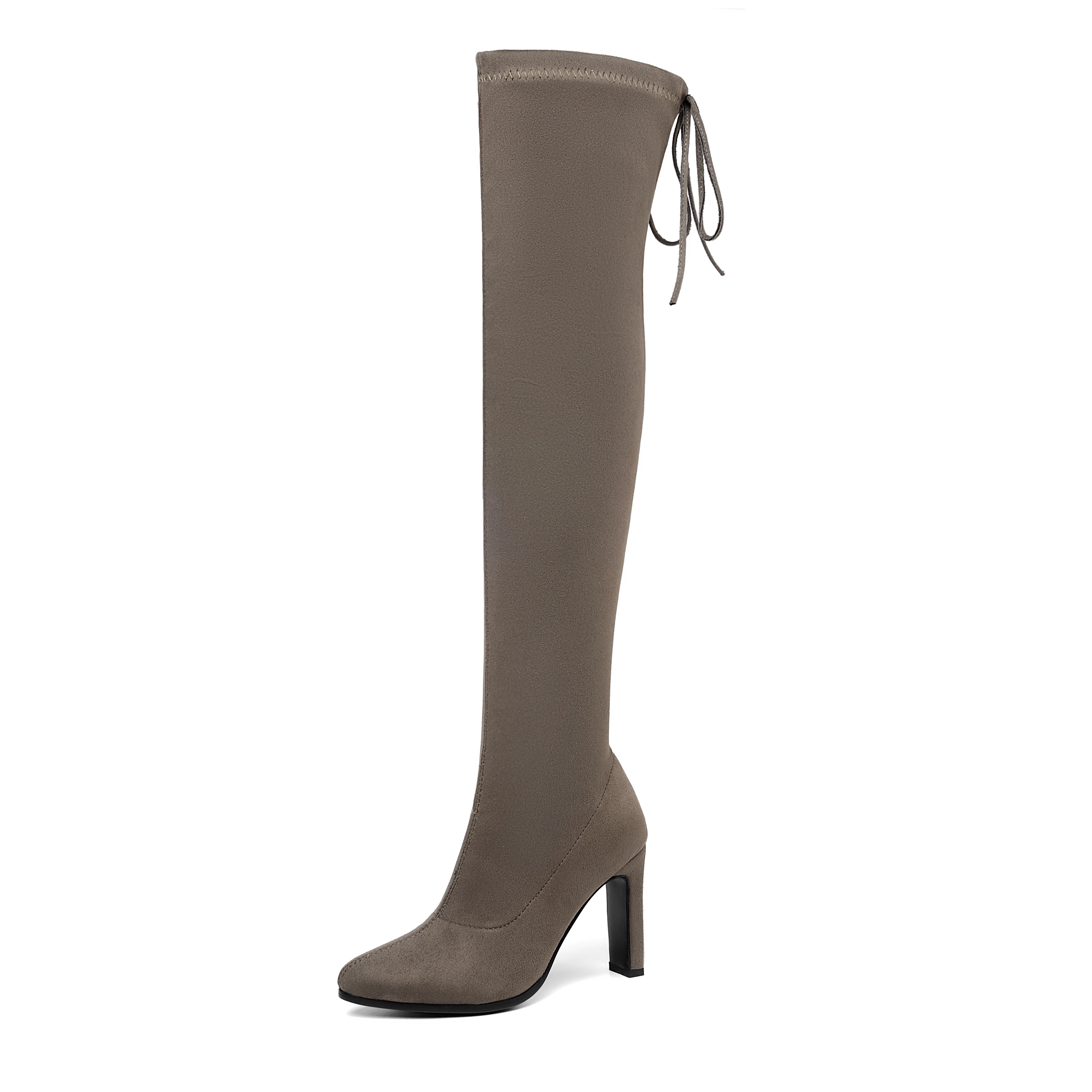 QUTAA/ г. Высокие сапоги из флока на шнуровке модные ботфорты на высоком квадратном каблуке зимняя теплая женская обувь на меху размеры 34-43 - Цвет: Khaki