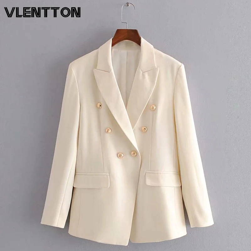 

Spring Autumn New Women Blazers And Jackets Metal Button Double Breasted Solid Suit Coat Female Tops Office Lady Blazer Feminino