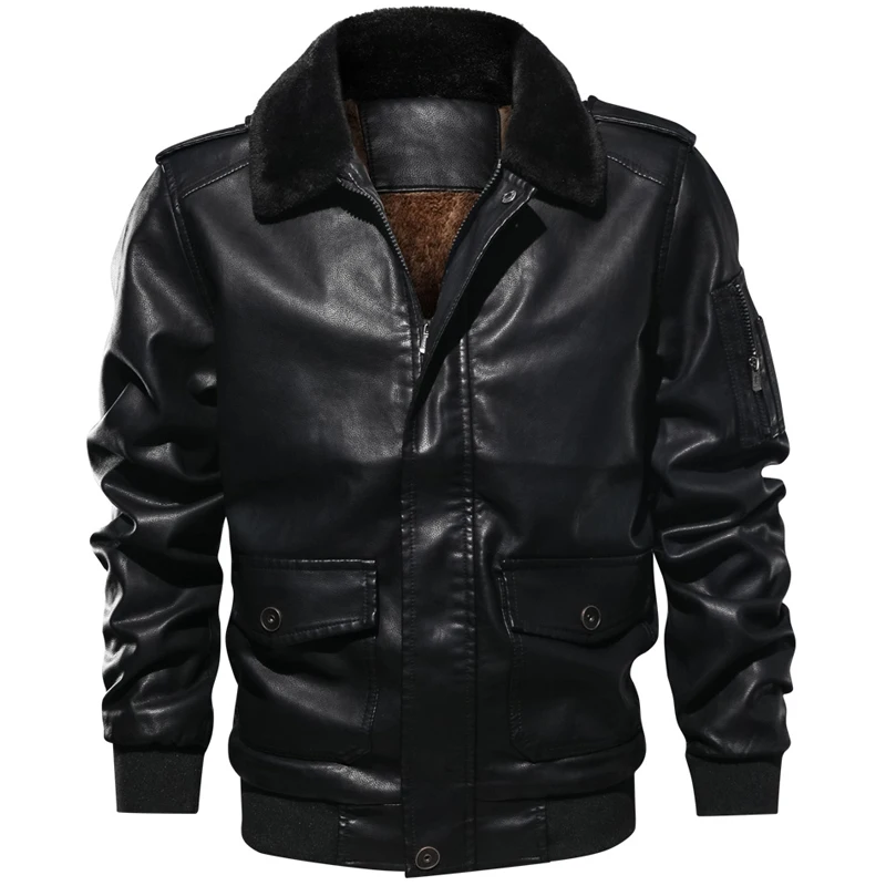 Мужская зимняя кожаная куртка, повседневная меховая куртка с отложным воротником в стиле ретро из искусственной кожи, куртка-пилот, мужское флисовое теплое пальто из искусственной кожи, размер: S-2XL