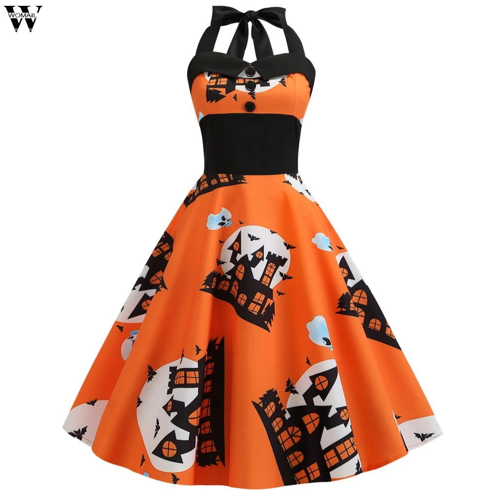 

2019 Halloween Dress Women 50S 60S Vintage Robe Swing Pinup Elegant Party Dresses Sleeveless Casual Plus Size Print Orange 8.28