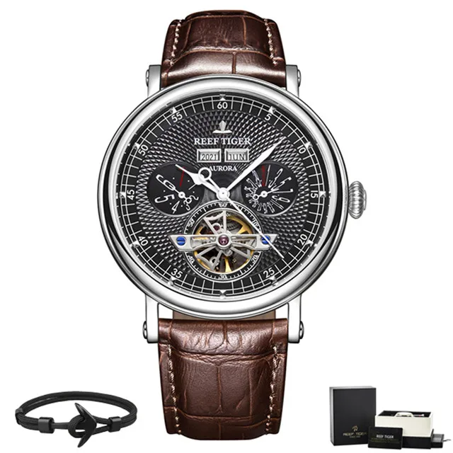 Reef Tiger R/T Tourbillon циферблат кожаный ремешок водонепроницаемые мужские часы лучший бренд Роскошные Механические деловые мужские часы Reloj Hombre - Цвет: RGA1903-YBS