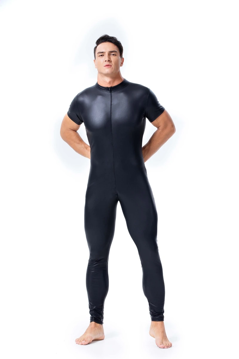Men Sexy wetlook Faux Leather Catsuit PVC Latex Bodysuit Gay Zipper Open Crotch Clubwear fetish hot erotic Pole Dance Lingerie