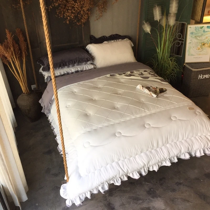 

Spring Autumn Quilt Polyester Fabric Lotus Leaf Edge Quilt Core Solid Color Quilted Quilt Comfortable Warm Home Textile Bedding
