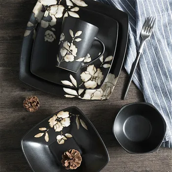 

Creative Ceramic Breakfast Plates Food Dish Dinnerware Black Hibiscus Flower Mug Dessert Fruit Snack Plate Cutlery Bowl Flatware