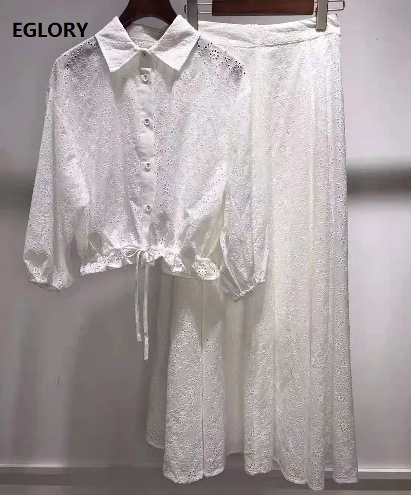 

2021 Spring Summer Fashion Skirt Suits Women Drawstring Waist Long Sleeve White Tops Shirt+Hollow Out Embroidery Long Skirt Sets