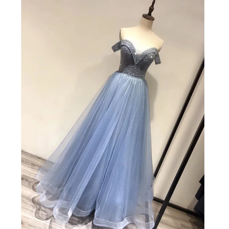 It's Yiiya Evening Gowns Boat Neck Short Sleeve A-Line Women Party Dresses Beading Off Shoulder Floor-Length Robe De Soiree V090