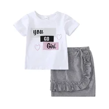 Комплекты одежды для маленьких девочек г. Летние детские хлопковые футболки с короткими рукавами и надписью+ кружевные короткие юбки комплект детской одежды из 2 предметов