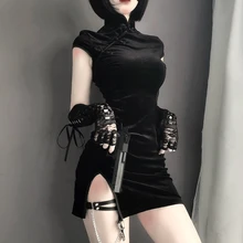 Diablo девушка стиль винтаж модифицированный бархат Пряжка платья Ципао платье короткий рукав подол Сплит панк бархат китайское сексуальное платье для похудения