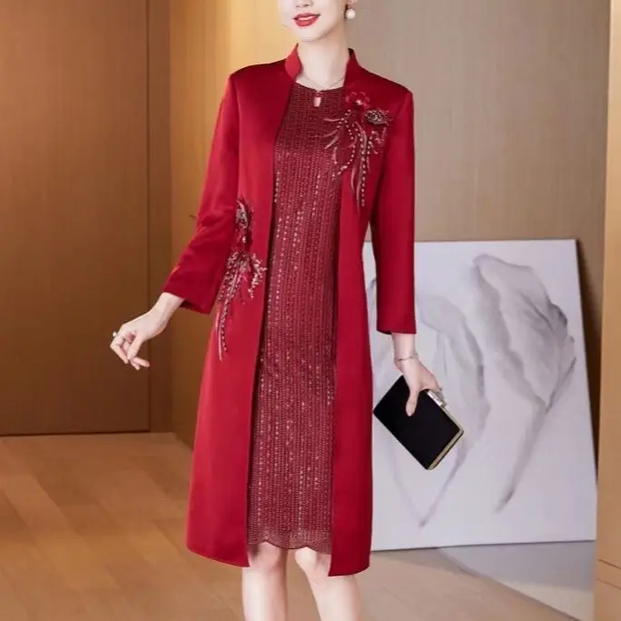 Two Pieces Mother of the Bride Dresses With Jacket Burgundy Satin Knee Long  Sleeves Embroidered Lace Evening Prom Party Gowns - AliExpress