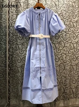

High Quality New Celebrity Inspired Women Dress 2020 Summer Ladies Lace Patchwork Puff Sleeve Mid-Calf Casual Blue Dress Belt